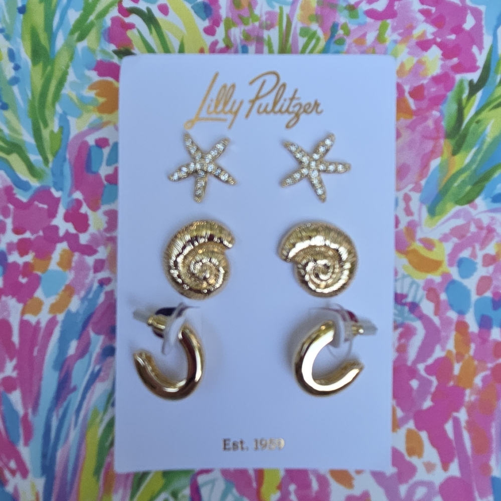 Lilly Pulitzer Sandsational Set Of 3 Gold Tone Earrings NEW